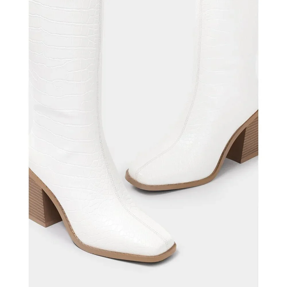 Women Crocodile White Polyurethane Knee High Square Toe Block Heel Tall Boots